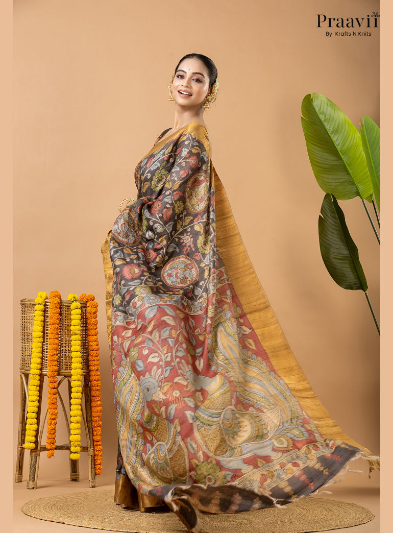 Charcoal Black Pure Tussar Natural Dye Pen Kalamkari Saree