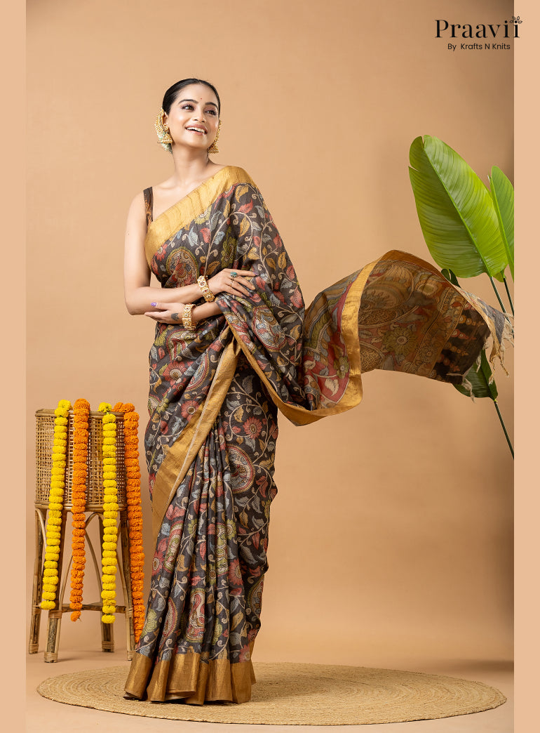 Charcoal Black Pure Tussar Natural Dye Pen Kalamkari Saree