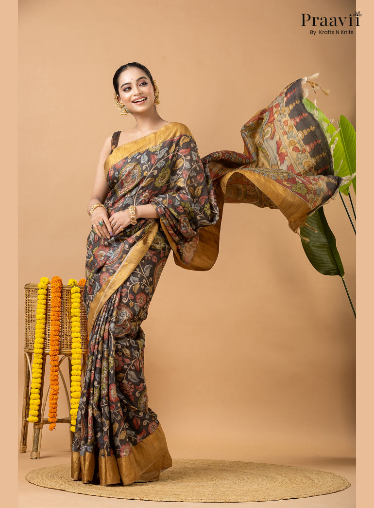 Charcoal Black Pure Tussar Natural Dye Pen Kalamkari Saree