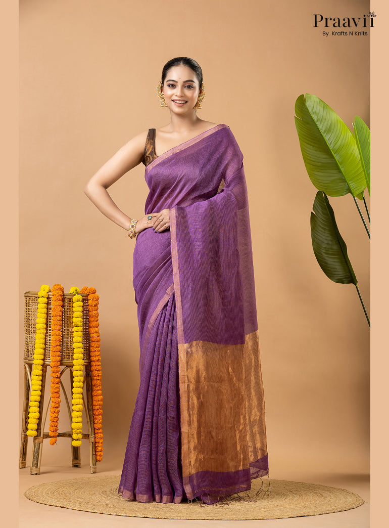 Amethyst Purple Tissue Linen Saree with Tissue Pallu