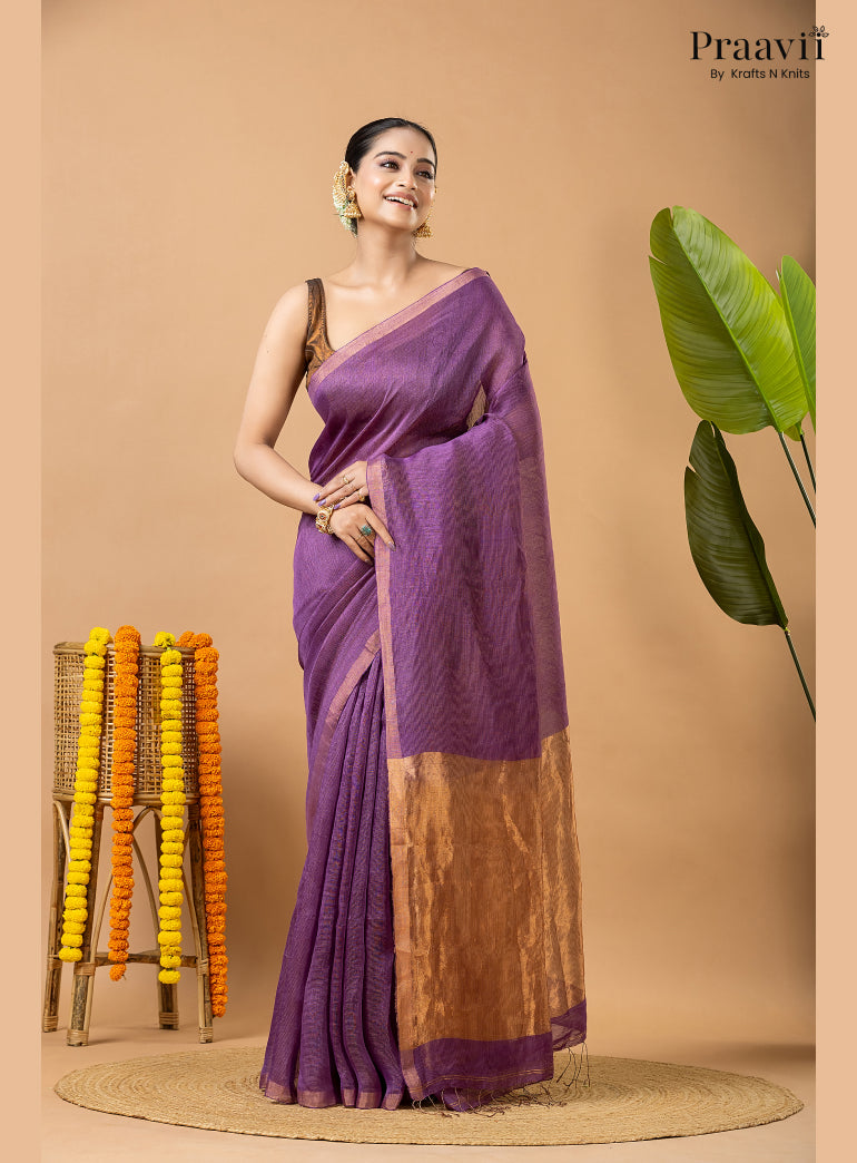 Amethyst Purple Tissue Linen Saree with Tissue Pallu