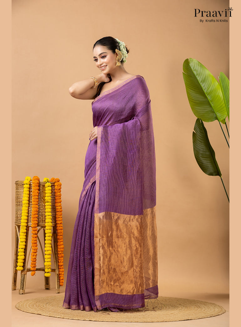 Amethyst Purple Tissue Linen Saree with Tissue Pallu
