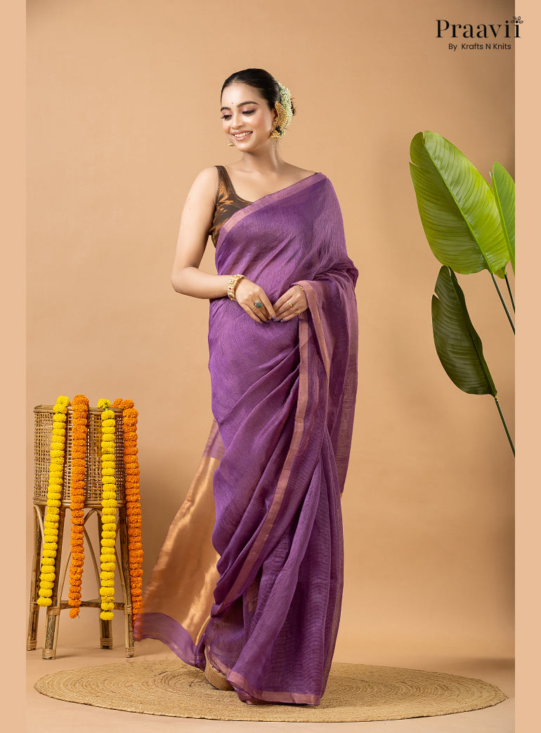 Amethyst Purple Tissue Linen Saree with Tissue Pallu