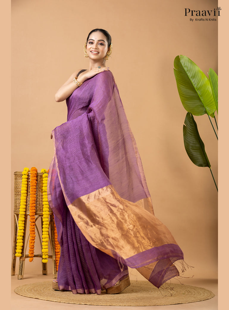 Amethyst Purple Tissue Linen Saree with Tissue Pallu