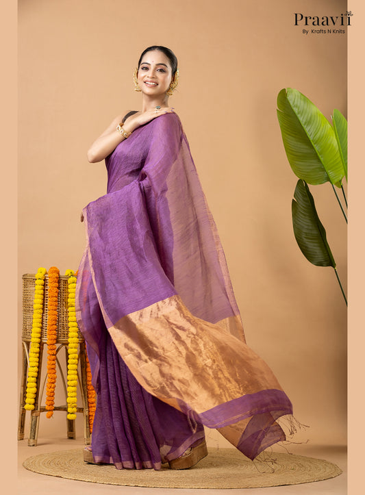 Amethyst Purple Tissue Linen Saree with Tissue Pallu