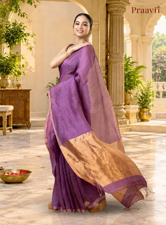 Amethyst Purple Tissue Linen Saree with Tissue Pallu