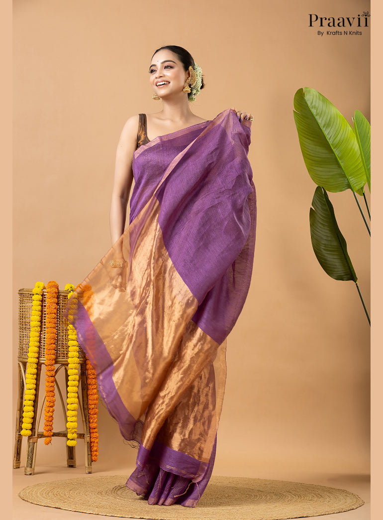 Amethyst Purple Tissue Linen Saree with Tissue Pallu