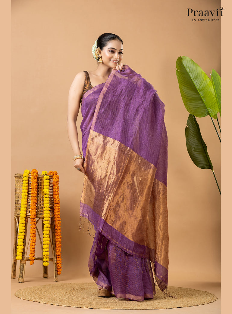 Amethyst Purple Tissue Linen Saree with Tissue Pallu