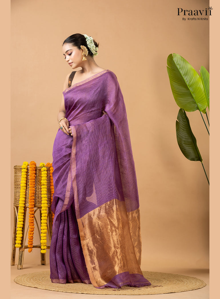 Amethyst Purple Tissue Linen Saree with Tissue Pallu