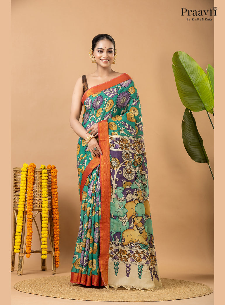 Sea Green Pure Tussar Natural Dye Pen Kalamkari Saree