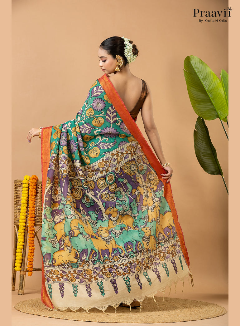 Sea Green Pure Tussar Natural Dye Pen Kalamkari Saree