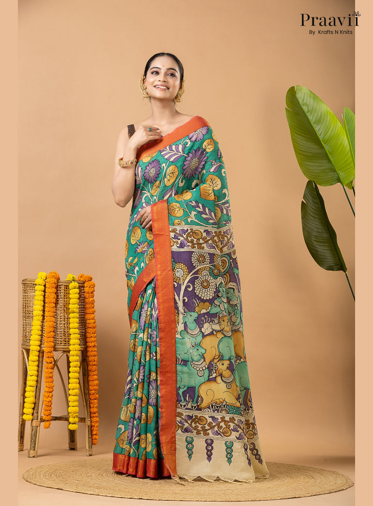 Sea Green Pure Tussar Natural Dye Pen Kalamkari Saree