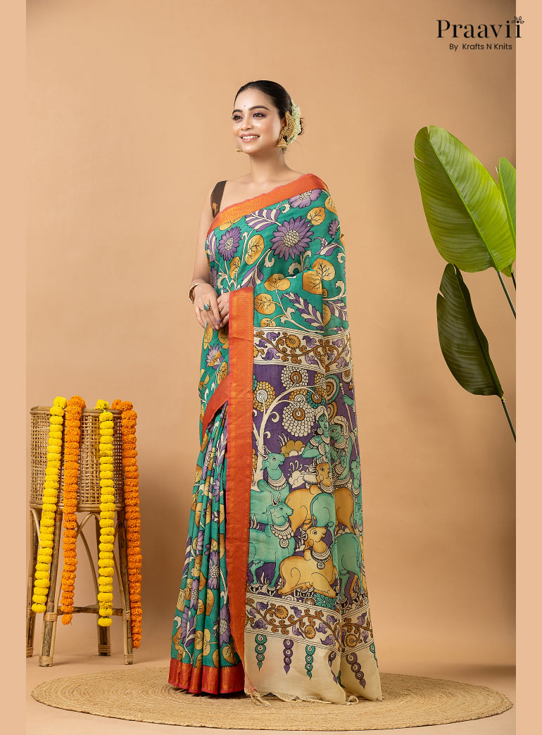 Sea Green Pure Tussar Natural Dye Pen Kalamkari Saree