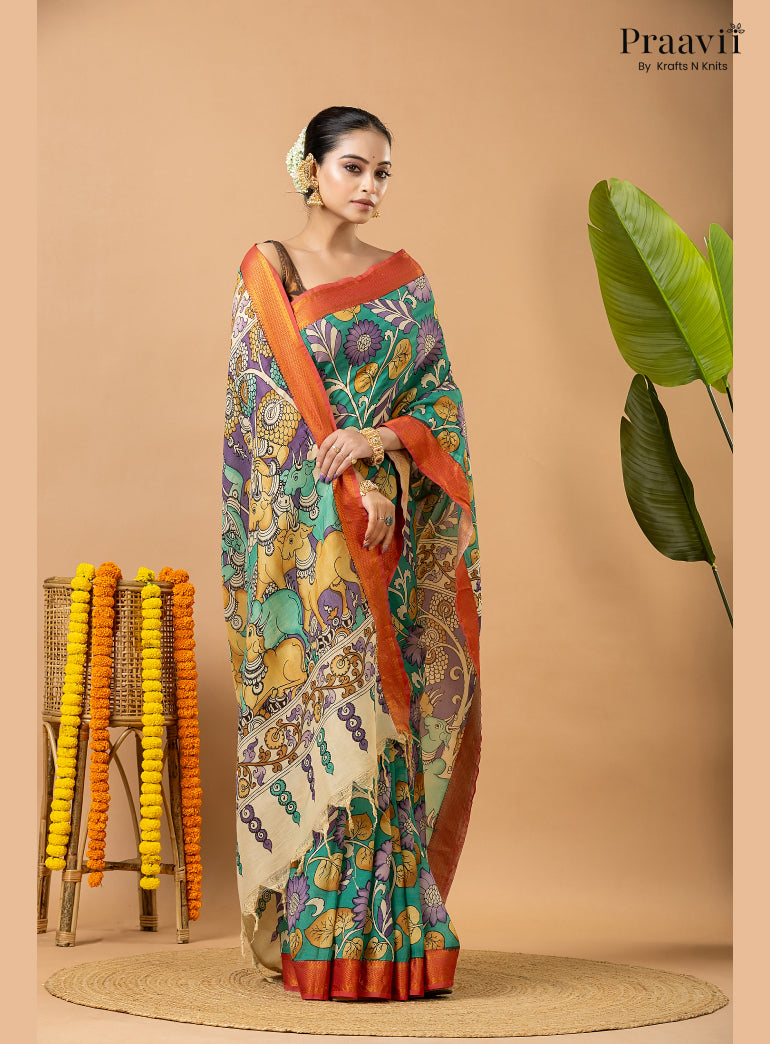 Sea Green Pure Tussar Natural Dye Pen Kalamkari Saree