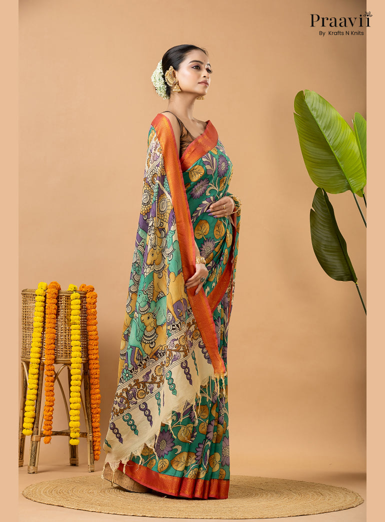 Sea Green Pure Tussar Natural Dye Pen Kalamkari Saree