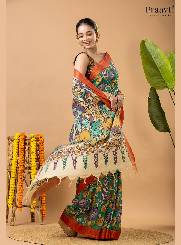 Sea Green Pure Tussar Natural Dye Pen Kalamkari Saree