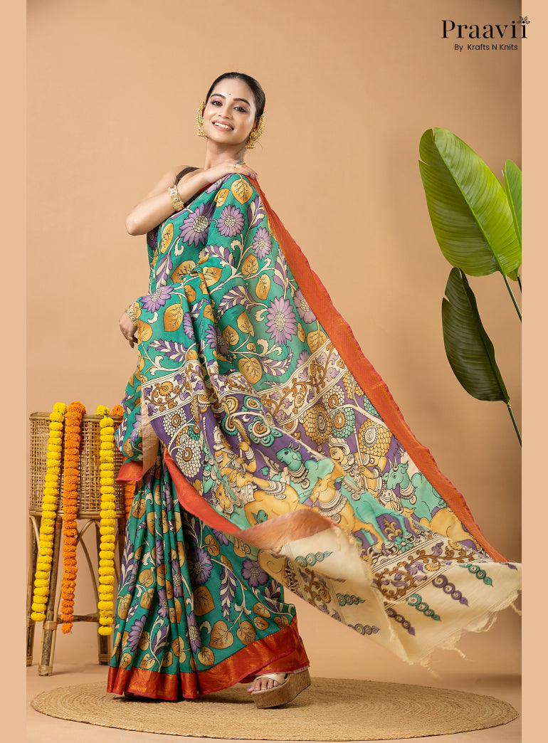Sea Green Pure Tussar Natural Dye Pen Kalamkari Saree