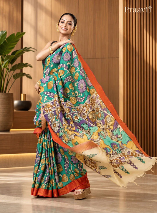 Sea Green Pure Bangalore Silk Natural Dye Pen Kalamkari Saree