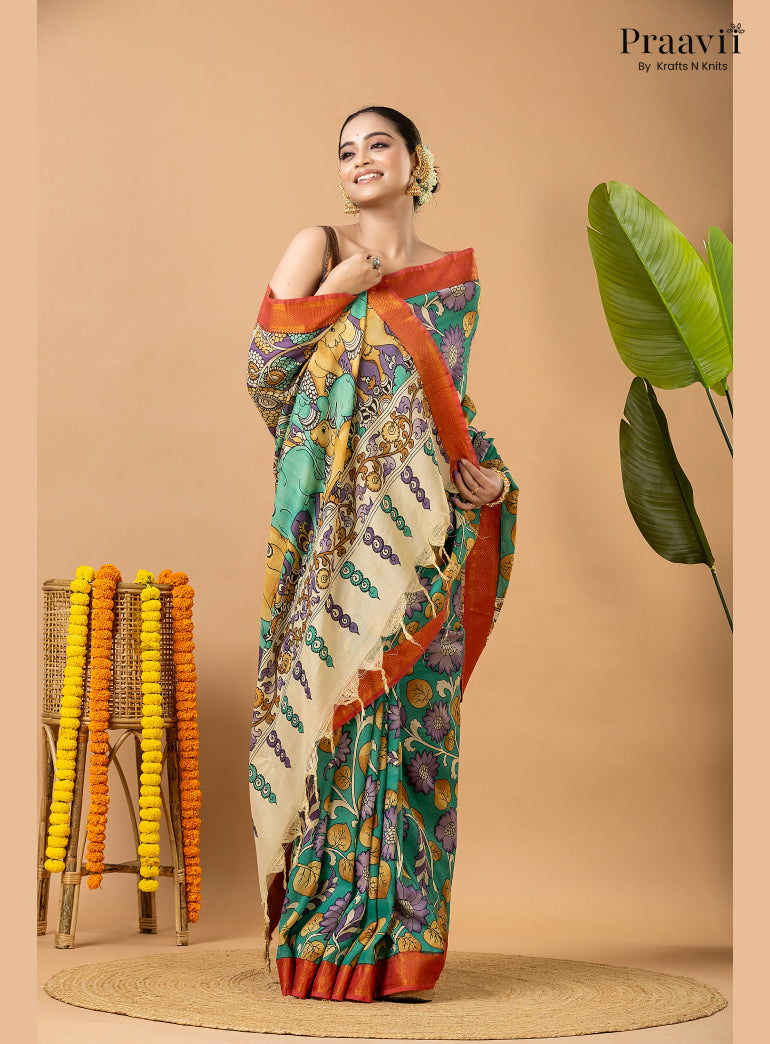 Sea Green Pure Tussar Natural Dye Pen Kalamkari Saree