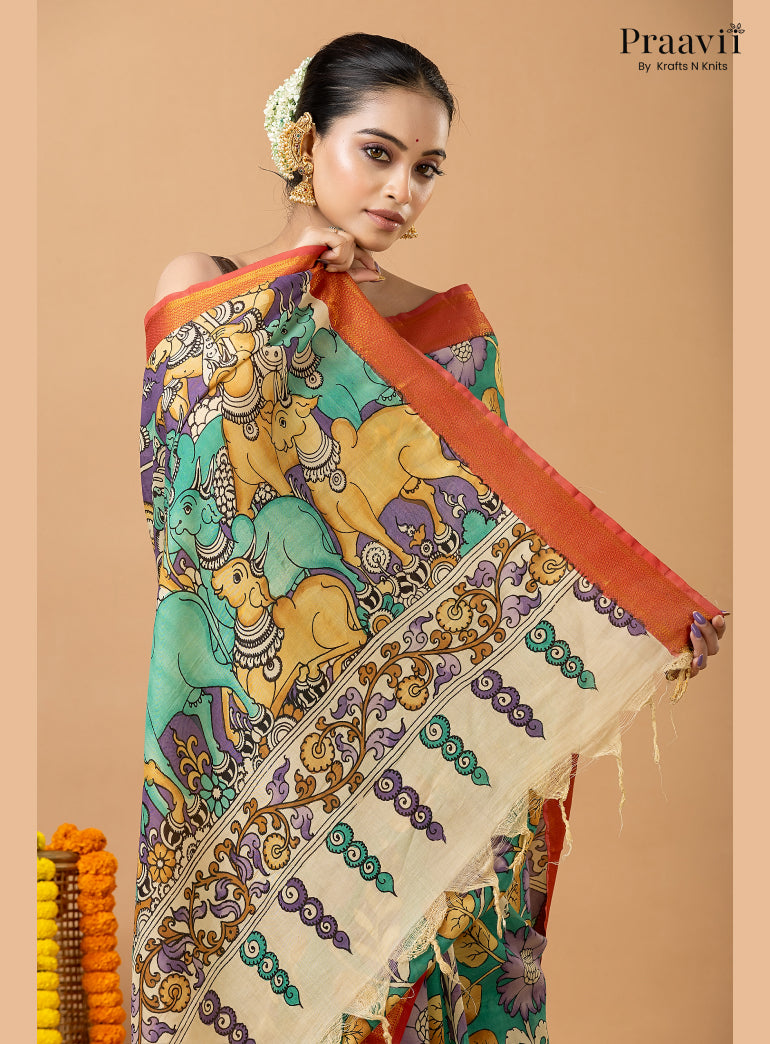 Sea Green Pure Tussar Natural Dye Pen Kalamkari Saree
