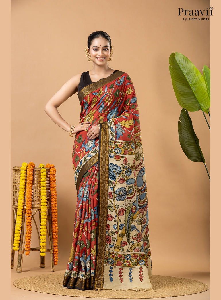 Firebrick Red Pure Tussar Natural Dye Pen Kalamkari Saree