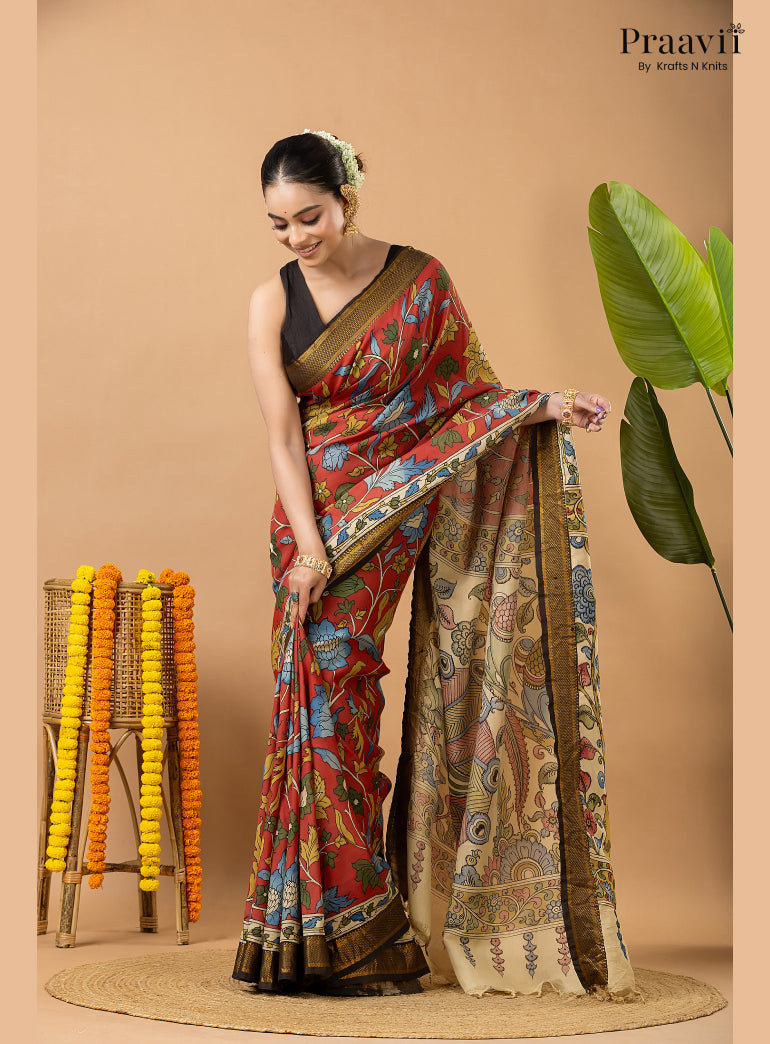 Firebrick Red Pure Tussar Natural Dye Pen Kalamkari Saree