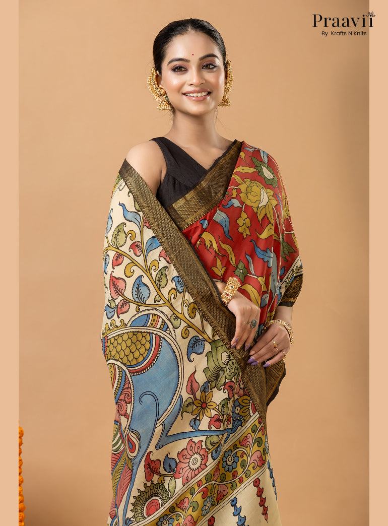 Firebrick Red Pure Tussar Natural Dye Pen Kalamkari Saree
