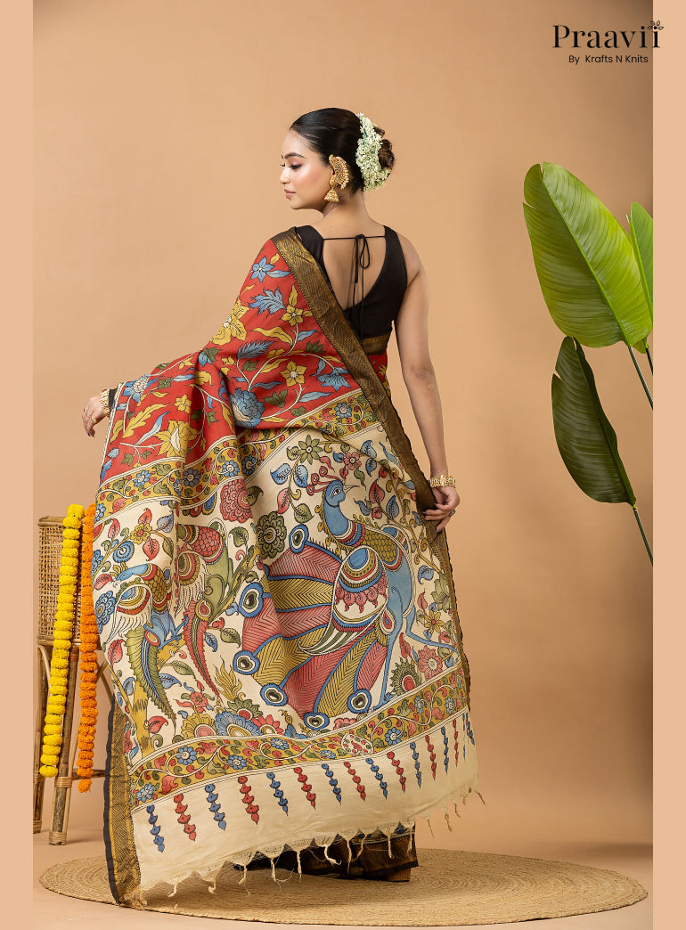 Firebrick Red Pure Tussar Natural Dye Pen Kalamkari Saree