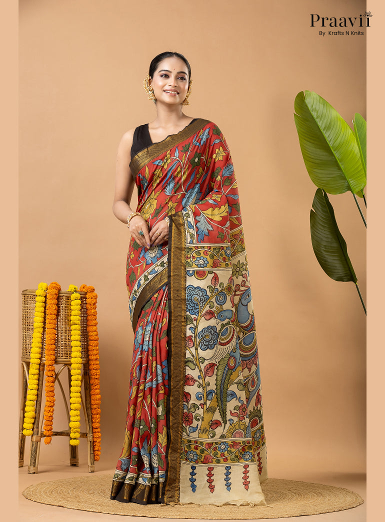 Firebrick Red Pure Tussar Natural Dye Pen Kalamkari Saree