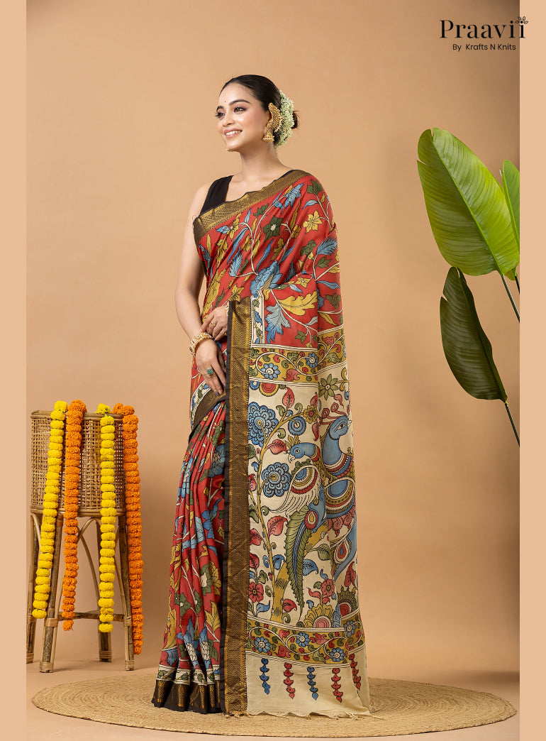 Firebrick Red Pure Tussar Natural Dye Pen Kalamkari Saree