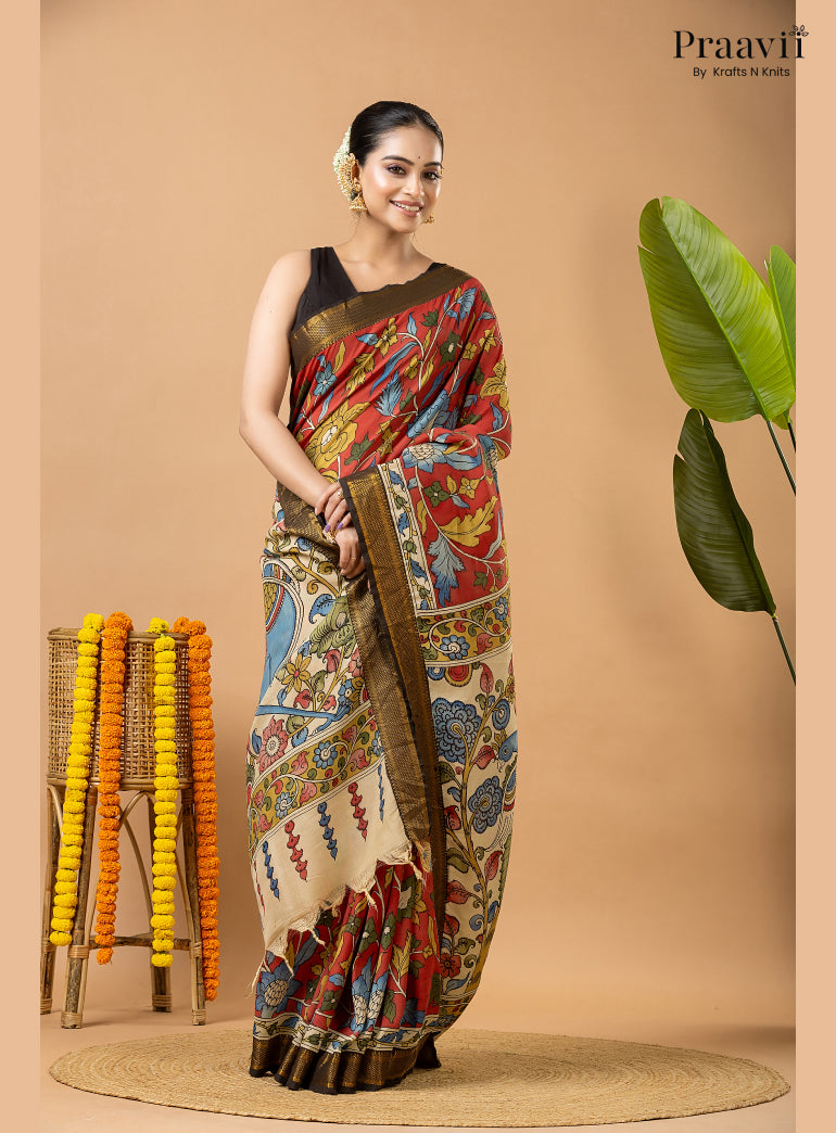 Firebrick Red Pure Tussar Natural Dye Pen Kalamkari Saree