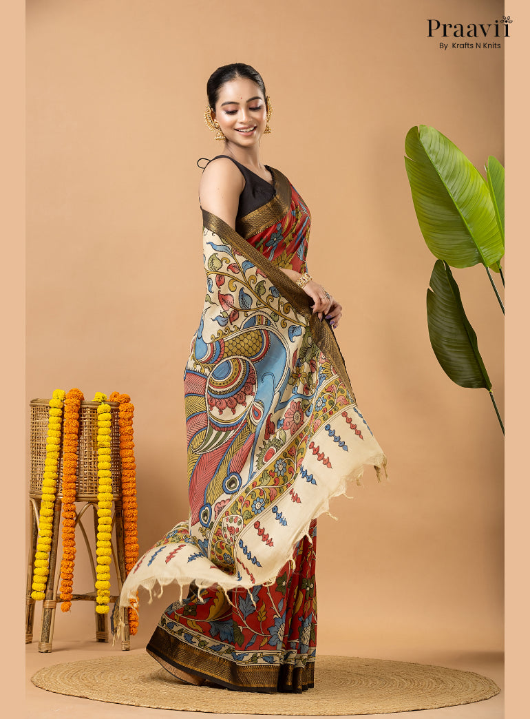 Firebrick Red Pure Tussar Natural Dye Pen Kalamkari Saree