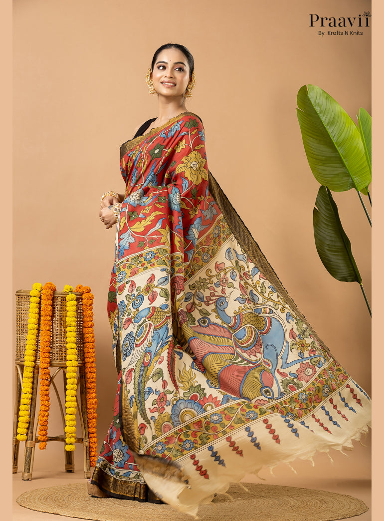 Firebrick Red Pure Tussar Natural Dye Pen Kalamkari Saree