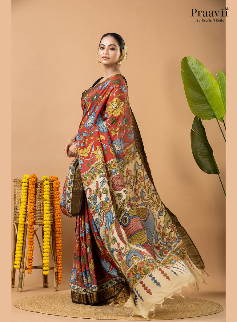 Firebrick Red Pure Tussar Natural Dye Pen Kalamkari Saree
