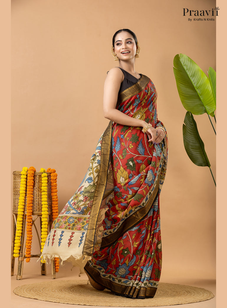 Firebrick Red Pure Tussar Natural Dye Pen Kalamkari Saree