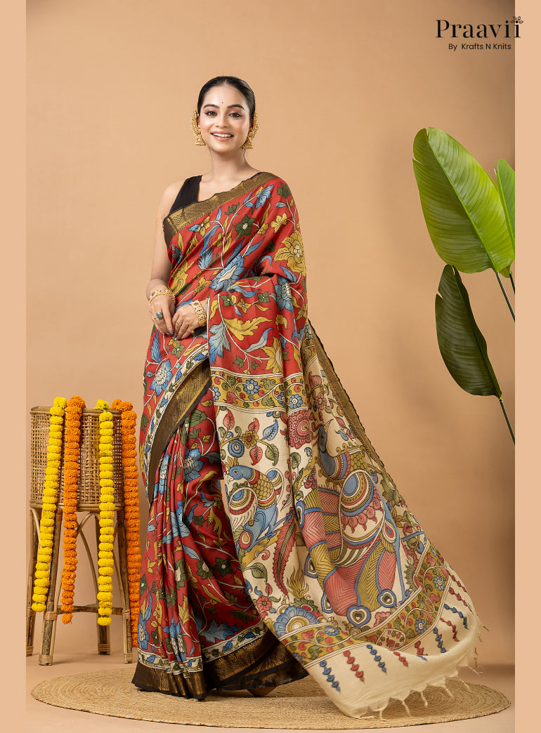 Firebrick Red Pure Tussar Natural Dye Pen Kalamkari Saree