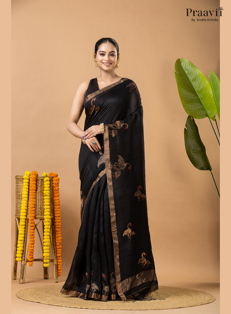 Rich Black Pure Matka Bird Jamdani Saree