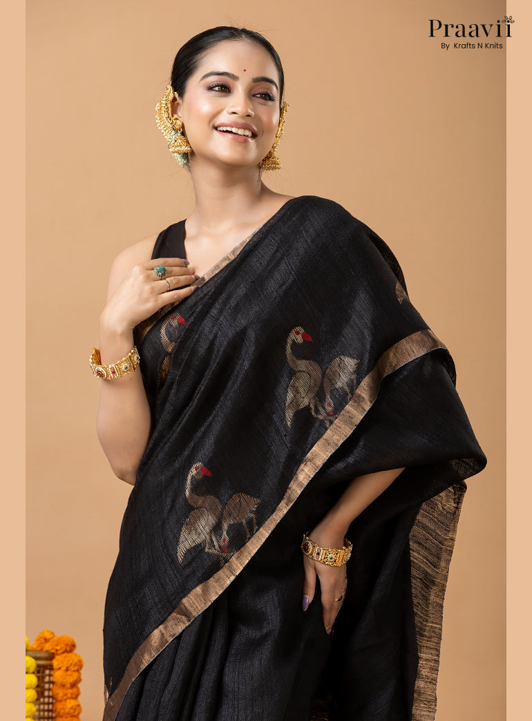 Rich Black Pure Matka Bird Jamdani Saree