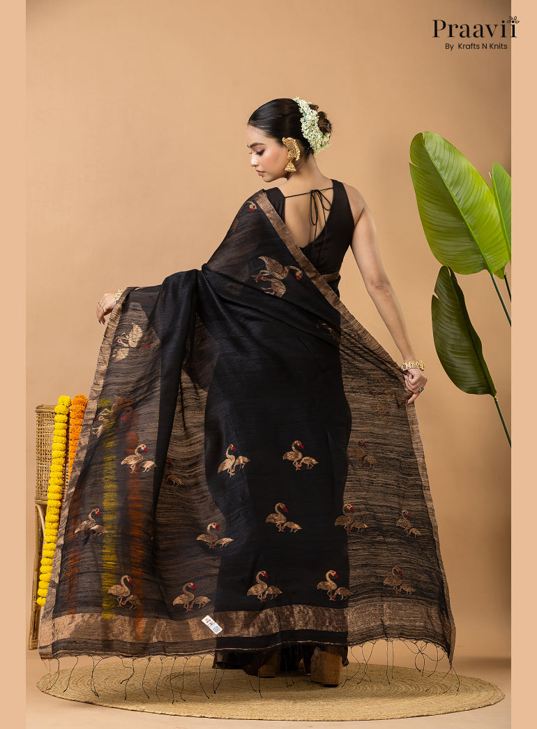 Rich Black Pure Matka Bird Jamdani Saree