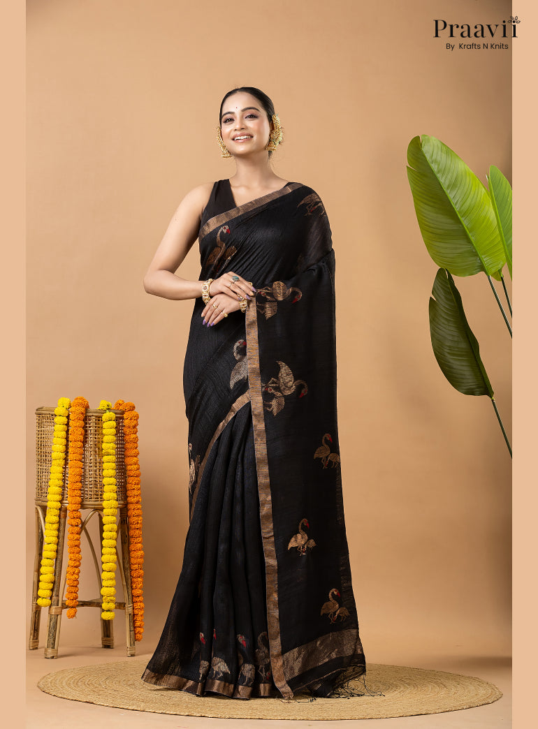 Rich Black Pure Matka Bird Jamdani Saree