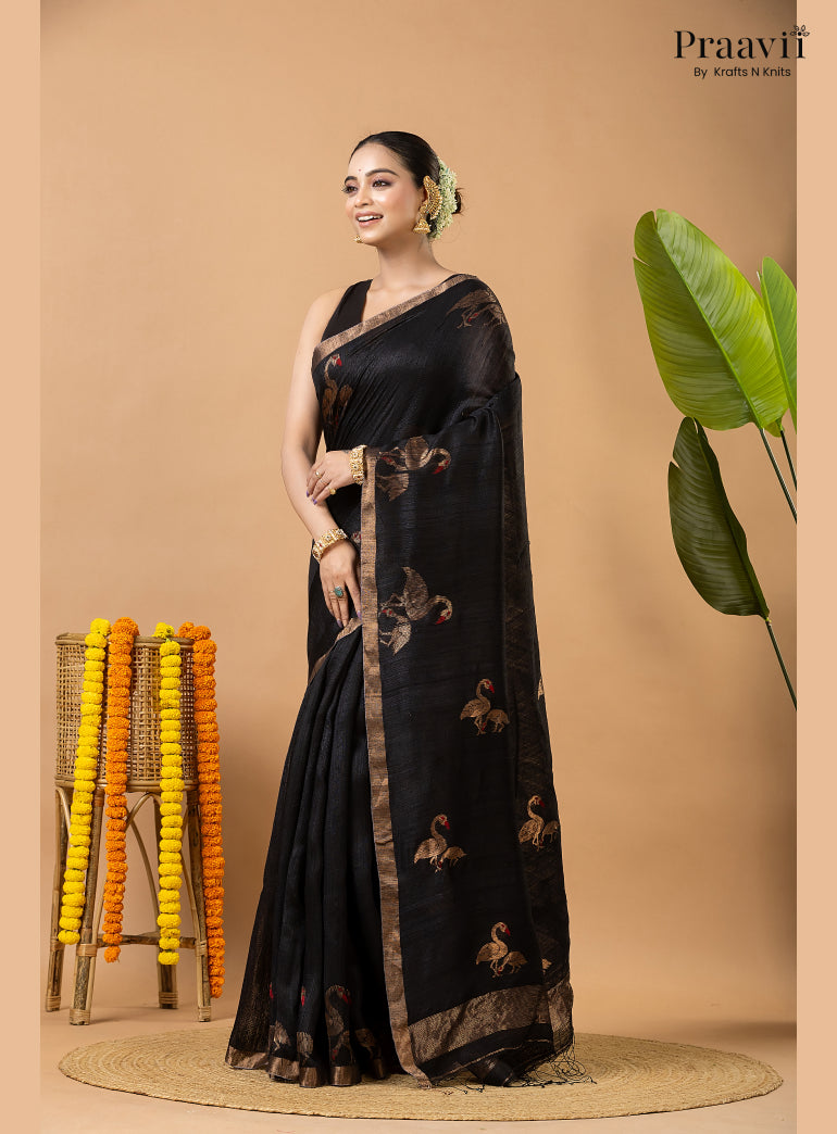 Rich Black Pure Matka Bird Jamdani Saree