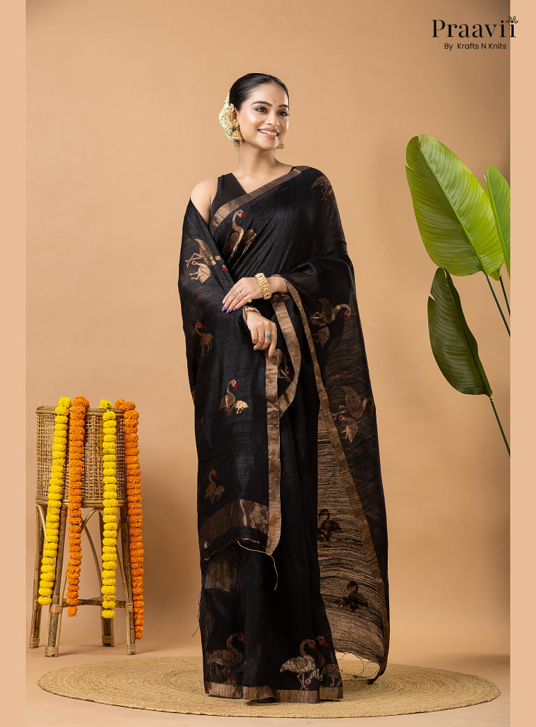 Rich Black Pure Matka Bird Jamdani Saree