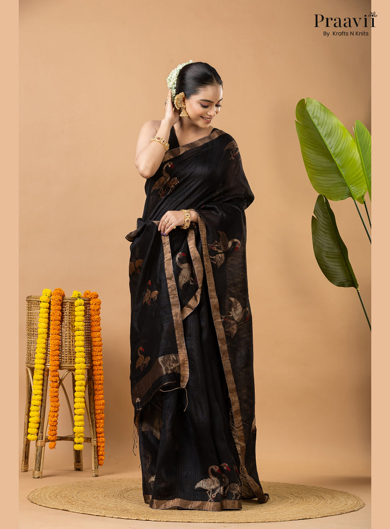 Rich Black Pure Matka Bird Jamdani Saree