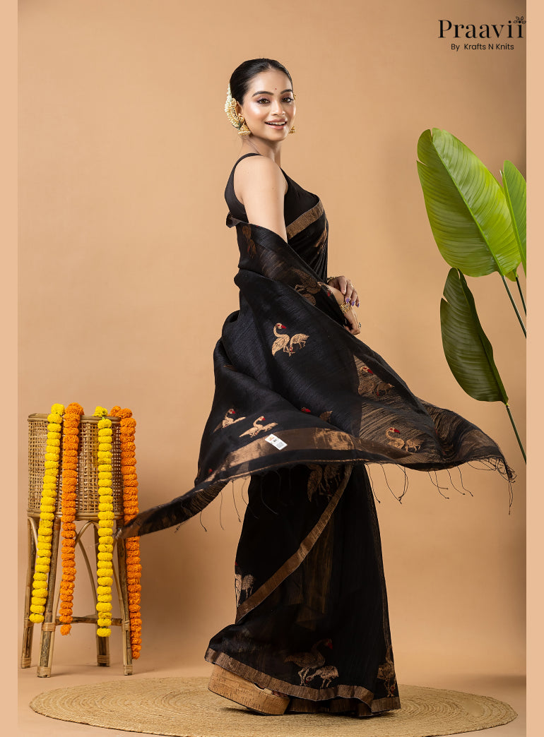 Rich Black Pure Matka Bird Jamdani Saree
