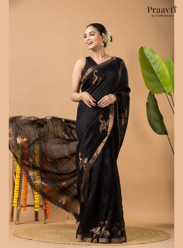 Rich Black Pure Matka Bird Jamdani Saree