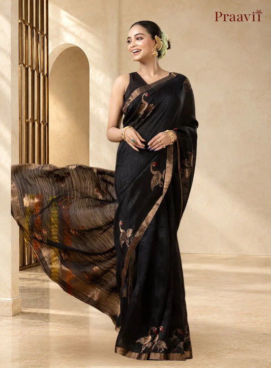 Rich Black Pure Matka Bird Jamdani Saree