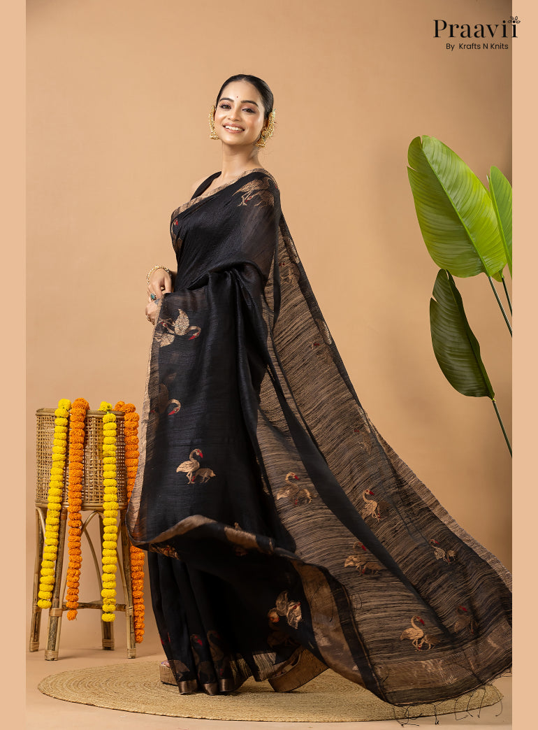 Rich Black Pure Matka Bird Jamdani Saree