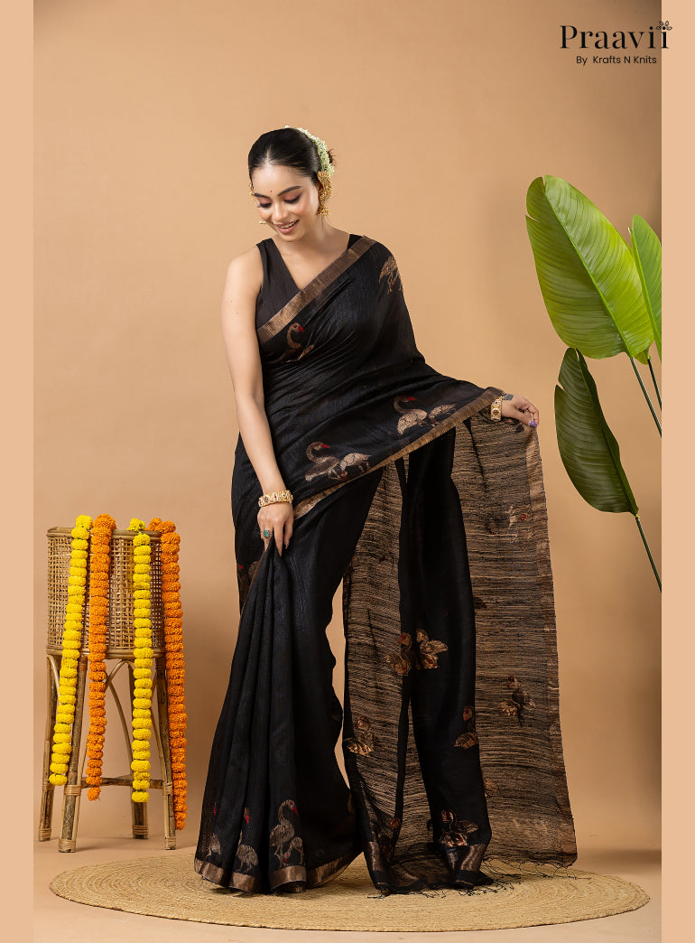 Rich Black Pure Matka Bird Jamdani Saree
