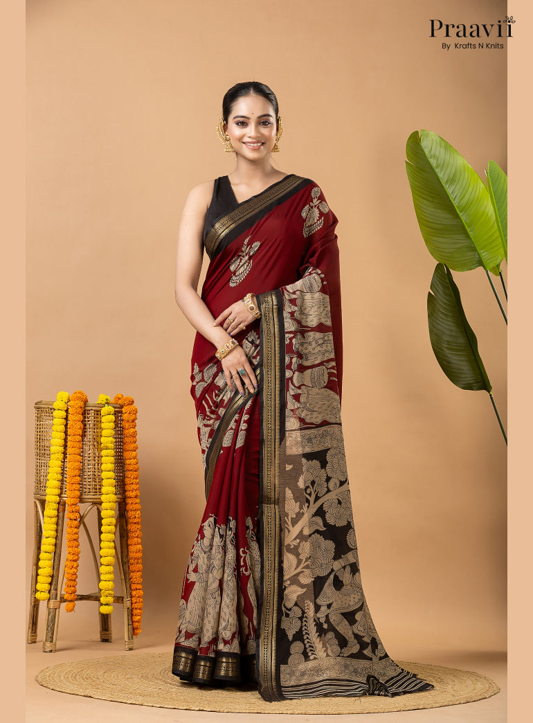 Maroon Silk by Cotton Saree