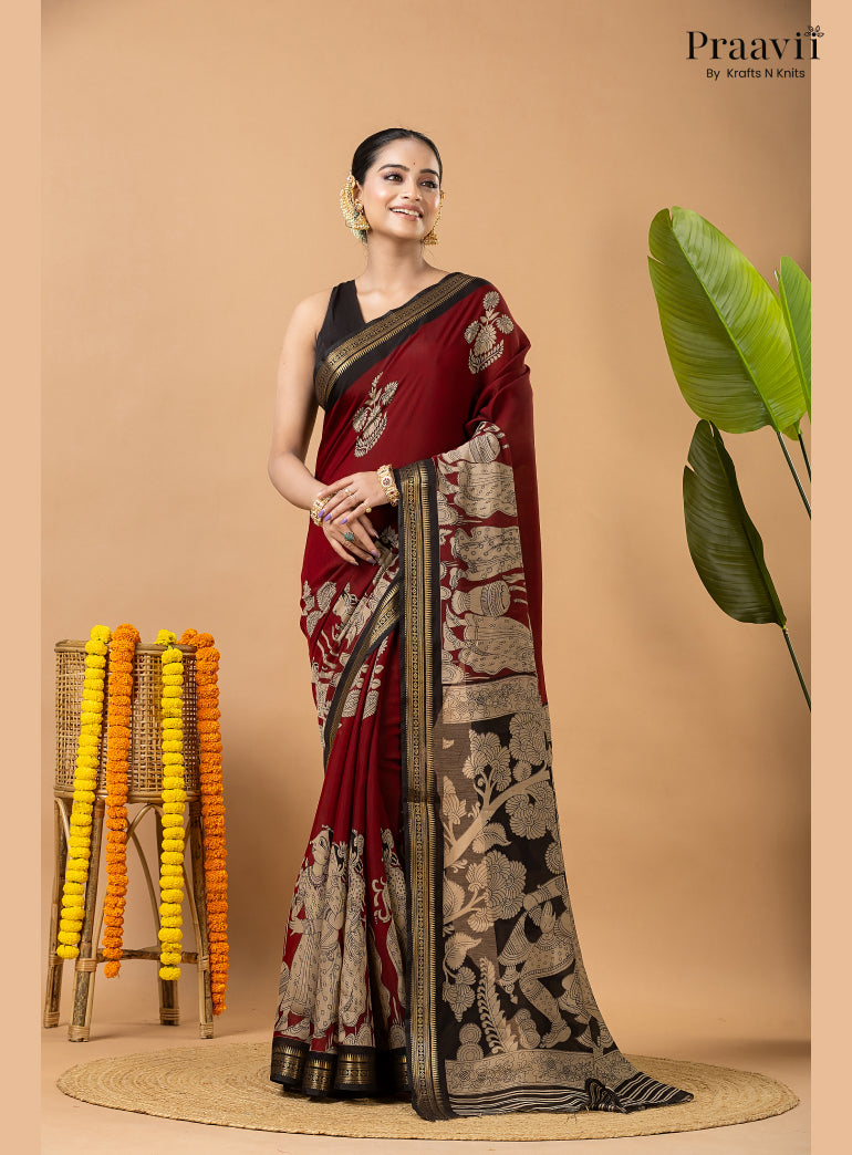 Maroon Silk by Cotton Saree